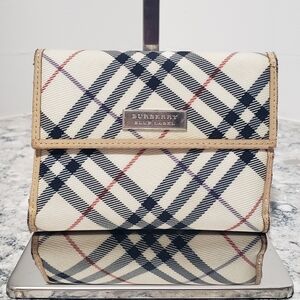 Burberry London Blue Label Plaid Beige Canvas Nova Check Bifold Leather Wallet